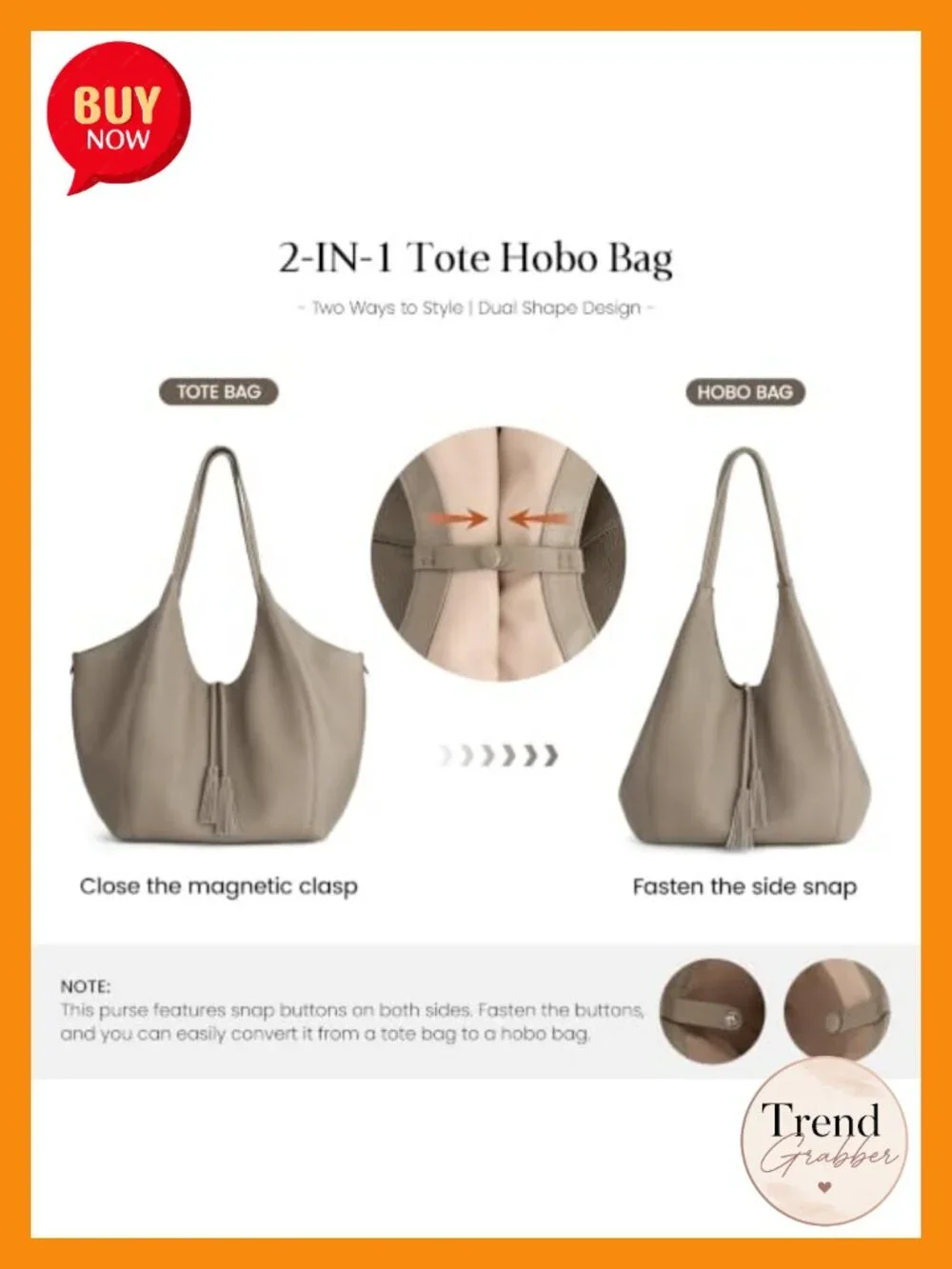Genuine Leather Slouchy Tote Hobo Bag Convertible 2-in-1 Women's Handbag